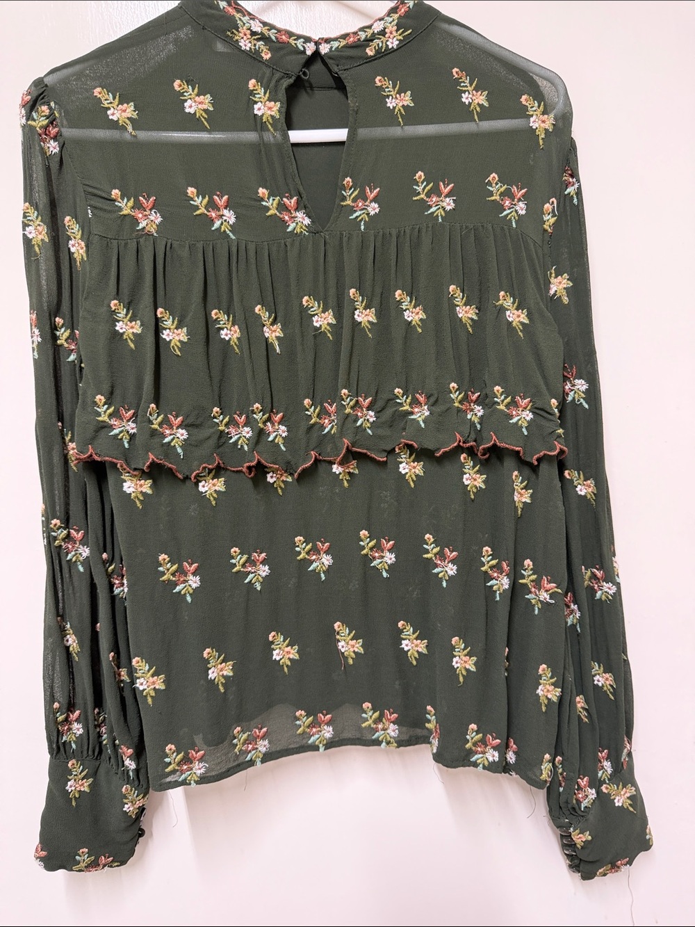 Zara Olive Green Floral Embroidered Long-Sleeve Blouse - Picture 3 of 3